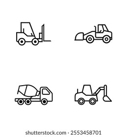 Construction Vehicle Excavator Bulldozer Mixer Truck Road Roller Line Art Icon Set Vector