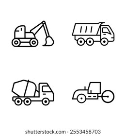 Construction Vehicle Excavator Bulldozer Mixer Truck Road Roller Line Art Icon Set Vector