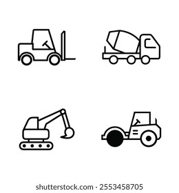 Construction Vehicle Excavator Bulldozer Mixer Truck Road Roller Line Art Icon Set Vector