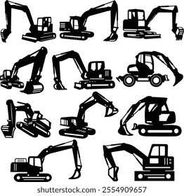 Construction Vehicle Excavator Icons Set
