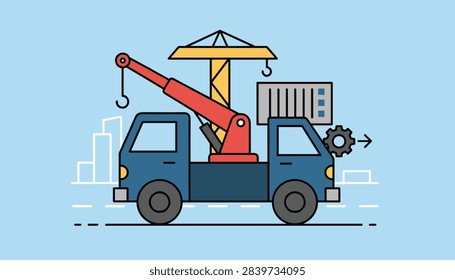 Construction vehicle flat vector illustration featuring a blue truck crane on a light blue background with city silhouette.