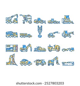 veículo de construção pesados doodle ícones conjunto vetor. linha de esboço escavadora maquinaria, trator bulldozer, escavadora de máquina carregadora amarela, pá, construção de terra veículo de ilustrações de cor pesada