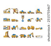 construction vehicle heavy icons set vector. excavator machinery, bulldozer tractor, machine digger yellow loader, shovel, land construction vehicle heavy color Contour Illustrations