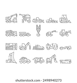 construction vehicle heavy icons set vector. excavator machinery, bulldozer tractor, machine digger yellow loader, shovel, land construction vehicle heavy black contour illustrations