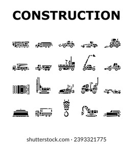 construction vehicle heavy work icons set vector. bulldozer excavator, equipment machine, machinery backhoe, tractor industry construction vehicle heavy work glyph pictogram Illustrations