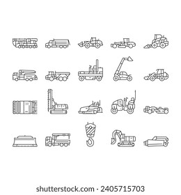 iconos de trabajo pesado de vehículos de construcción conjunto vector. excavadora de topadoras, máquina de equipamiento, retroexcavadora de maquinaria, vehículo de construcción de tractores de trabajos pesados ilustraciones de contorno negro