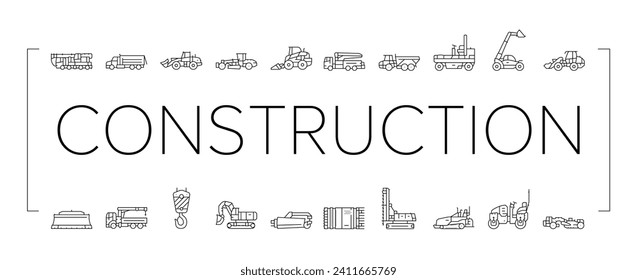 construction vehicle heavy work icons set vector. bulldozer excavator, equipment machine, machinery backhoe, tractor industry construction vehicle heavy work black line illustrations