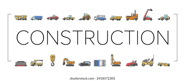 iconos de trabajo pesado de vehículos de construcción conjunto vector. excavadora de topadoras, máquina de equipamiento, retroexcavadora de maquinaria, vehículos de construcción de tractores ilustraciones de línea de color de trabajo pesado