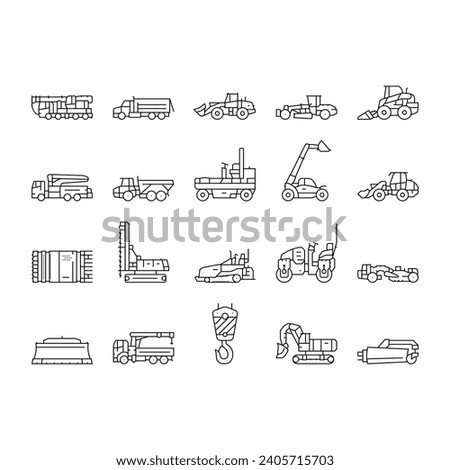 construction vehicle heavy work icons set vector. bulldozer excavator, equipment machine, machinery backhoe, tractor industry construction vehicle heavy work black contour illustrations