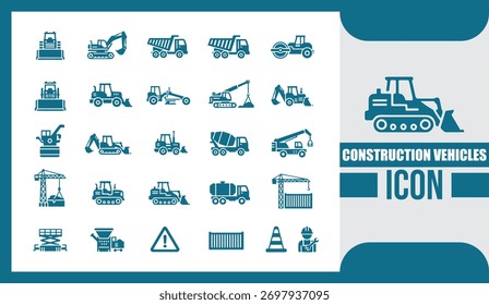 Construction and Vehicle Icon Set Flat Vector Collection Featuring Building Equipment, Heavy Machinery, and Industrial Transport Symbols