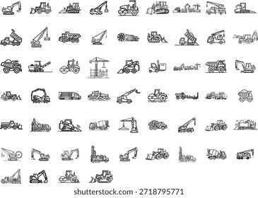Conjunto de iconos de vehículos de construcción con maquinaria pesada para Industrial y diseño de edificios