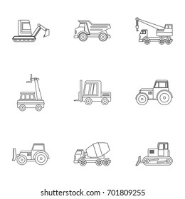 Construction vehicle icon set. Outline set of 9 construction vehicle vector icons for web isolated on white background