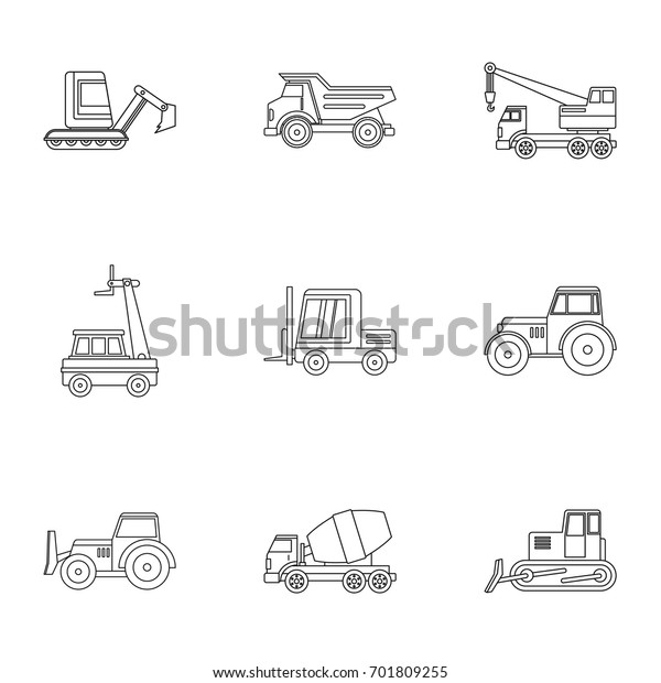 Construction\
vehicle icon set. Outline set of 9 construction vehicle vector\
icons for web isolated on white\
background