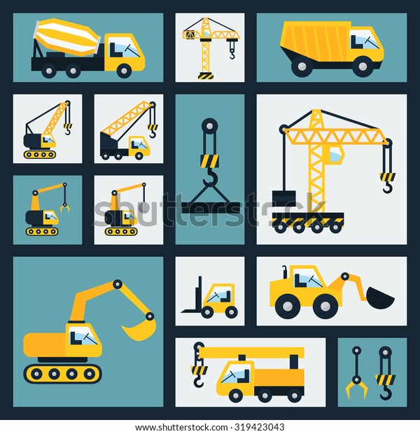 Construction\
vehicle icons set. Heavy construction machinery. Industrial\
construction set. Flat vector\
illustration.