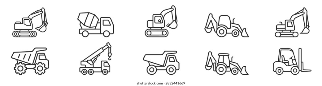 construction vehicle icons set including excavator dumper truck mixer truck crane forklift loader on transparent background