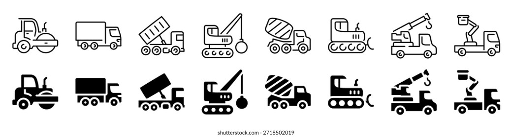 Construction vehicle icons set in linear style: cranes, mixers, trucks, and more