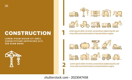 Construction Vehicle Landing Web Page Header Banner Template Vector. Construction Crane And Bulldozer, Wheel And Skid Loader, Scissor Lift And Concrete Mixer Illustration