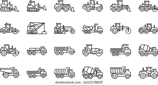 Conjunto de ícones da linha do veículo de construção. Pictogramas vetoriais de bulldozer, loader, grader, pavimentador, rolo, rebocador lowboy, utilitário, betoneira, fino