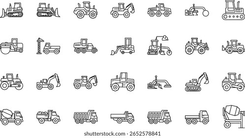 Conjunto de ícones da linha do veículo de construção. Pictogramas vetoriais de bulldozer, loader, grader, pavimentador, rolo, rebocador lowboy, utilitário, betoneira, fino
