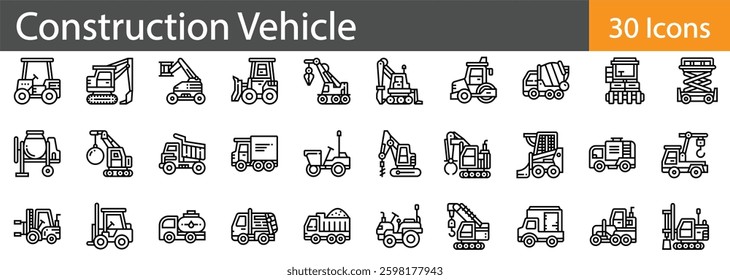 Construction Vehicle Line Icons Set. Collection of 30 outline icons representing heavy machinery, equipment, and construction vehicles. Editable stroke vector illustration.