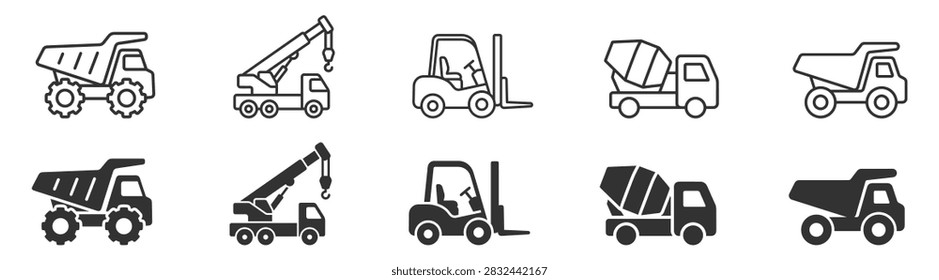 construction vehicle line and solid icons including dump truck crane forklift and cement mixer on transparent background