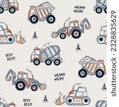 Construction Vehicle Seamless Pattern. Excavator Seamless Repeat Design. Boys Seamless Pattern