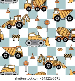 Construction Vehicle Seamless Pattern. Excavator Seamless Repeat Design. Boys Seamless Pattern