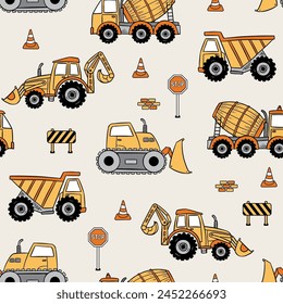 Construction Vehicle Seamless Pattern. Excavator Seamless Repeat Design. Boys Seamless Pattern