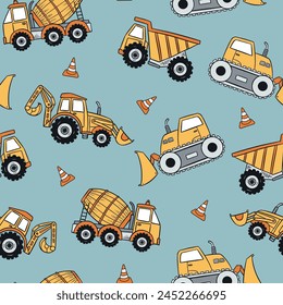 Construction Vehicle Seamless Pattern. Excavator Seamless Repeat Design. Boys Seamless Pattern