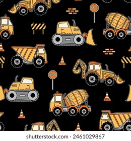 Construction Vehicle Seamless Pattern. Excavator Seamless Repeat Design. Boys Seamless Pattern