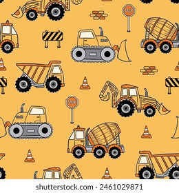 Construction Vehicle Seamless Pattern. Excavator Seamless Repeat Design. Boys Seamless Pattern