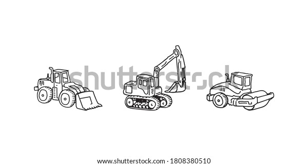 Construction vehicle set arranged in a line,\
hand drawn illustration. Excavator, digger, roller and shovel truck\
ready for building and constructing, outline drawing. Different\
constructing\
machinery.