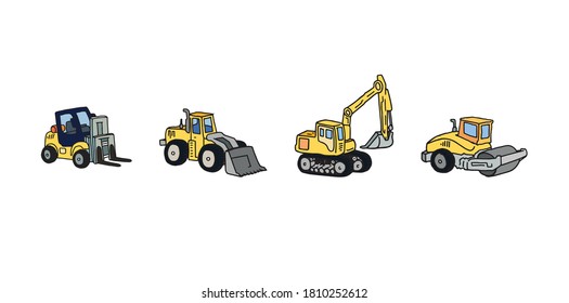 Construction vehicle set with different machines for constructing, building and moving, hand drawn colored illustration. Bulldozer, loader, forklift and steam roller hand made outline cartoon sketch.