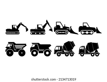 Construction vehicle silhouette icon set