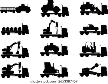 Construção Veículo Silhueta Ícone Set Vetor Pictogramas de Bulldozer Carregador Grader Paver Rolo Lowboy Hauler Utility Caminhão e Misturador de Concreto Fino Linear Ilustrações