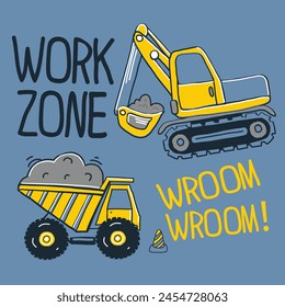 Construction vehicle with text. Vector illustration of excavator and a dump truck. It 