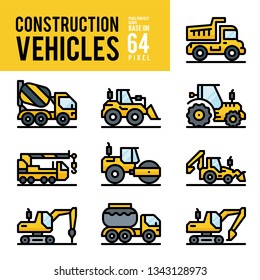 Construction Vehicle and Transport Outline Color Icons. Pixel Perfect Icon Base on 64px.