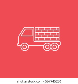 Construction Vehicle Truck With Bricks Line Icon On Red Background