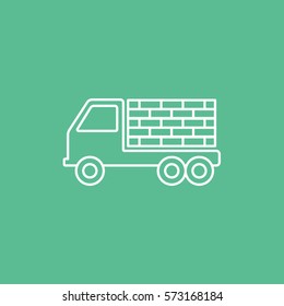 Construction Vehicle Truck With Bricks Line Icon On Green Background