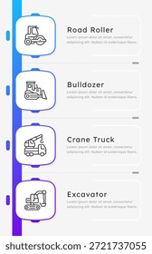 Tipos de veículos de construção infográfico 4 passos. Rolete de estrada, caminhão guindaste, equipamento de escavação. Máquinas pesadas. Construção de estradas. Processo de diagrama de ícones de linha fina editáveis