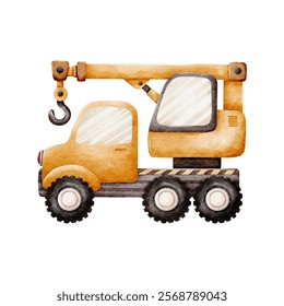 Construction Vehicle Watercolor Vector with Orange Crane Car on White Background design