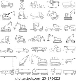 Construction vehicles and Agricultural machinery cute set of black and white vector illustrations