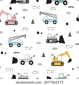 Vehículos de construcción bebé sin patrón Vector con grúa, cargador, bulldozer y excavadora sobre fondo blanco Lindo diseño, estilo de dibujos animados. Para impresión, Fondo de pantalla, telas, textiles, envoltura