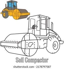 Construction vehicles Black and White Outline.Heavy equipment Soil Compactor Logo , Coloring Page.