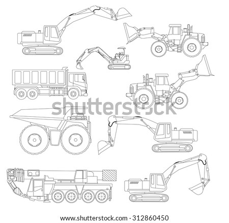 Construction vehicles Black and White Outlines