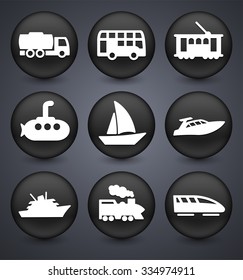 Construction Vehicles Boats and Transportation on Black Round Buttons