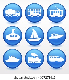 Construction Vehicles Boats and Transportation on Blue Round Buttons