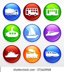 Construction Vehicles Boats and Transportation on Colorful Round Buttons