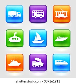 Construction Vehicles Boats and Transportation on Colorful Square Buttons