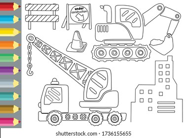 construction vehicles cartoon with construction elements, coloring book or page